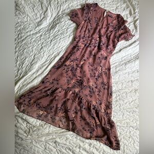 Express pink floral sheer midi ruffle dress